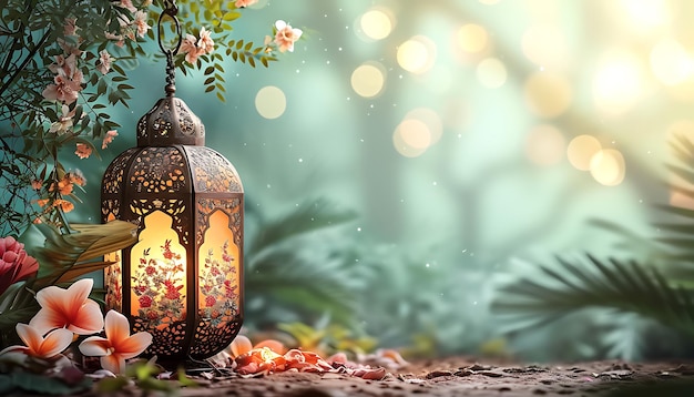 Lantern with flowers on table Islamic Ramadan Kareem background