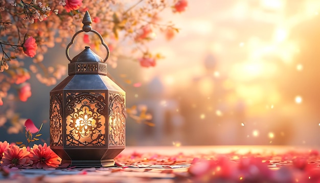 Lantern with flowers on table Islamic Ramadan Kareem background