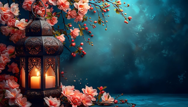 Lantern with flowers on table Islamic Ramadan Kareem background