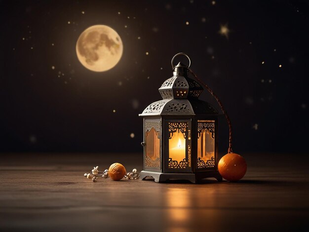 a lantern with a full moon in the background