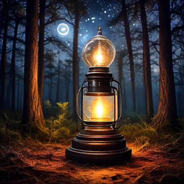 a lantern with a glowing star in the background