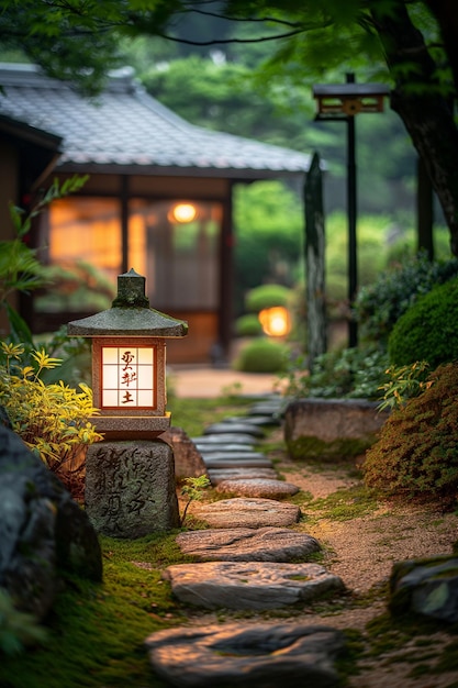 a lantern with a house in the background and a house in the background