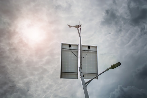 Lantern with a lantern and installed solar panels on a blue sky.