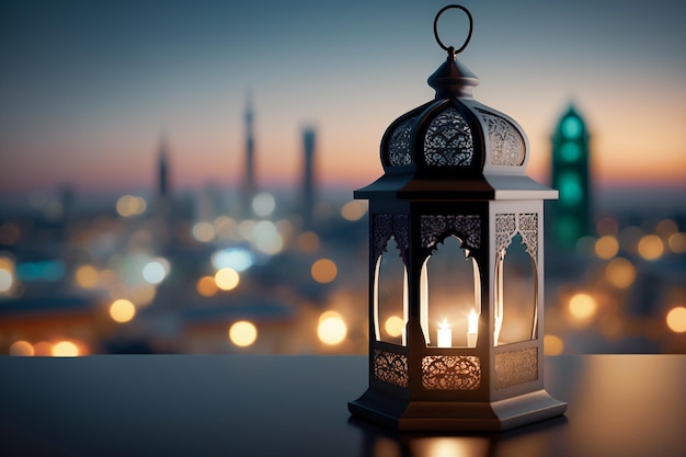 A lantern with the lights on in the background Ramadhan background