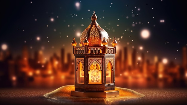 A lantern with lights in the background