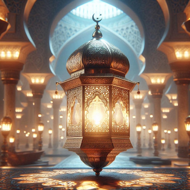 a lantern with lights inside of it and a mosque in the background