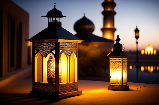 A lantern with the lights lit up at night