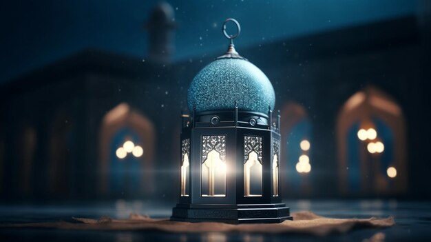 A lantern with the lights on and the text ramadan is on the bottom right.