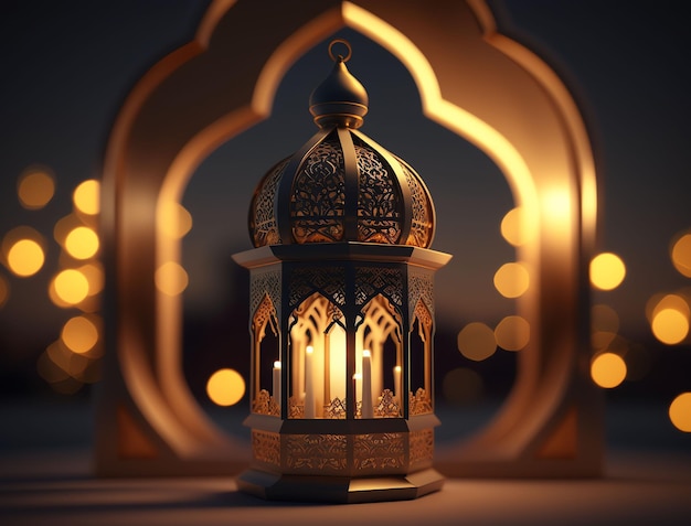 A lantern with the lights on and the word ramadan on it