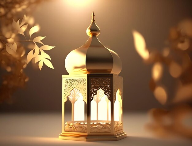 A lantern with the lights on and the word ramadan on it