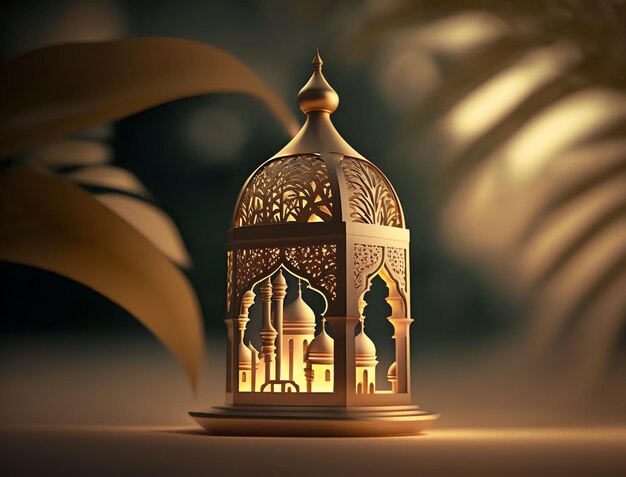 A lantern with the lights on and the word ramadan on it