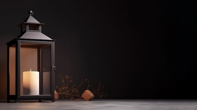 Lantern with a lit candle on an outdoor wooden table