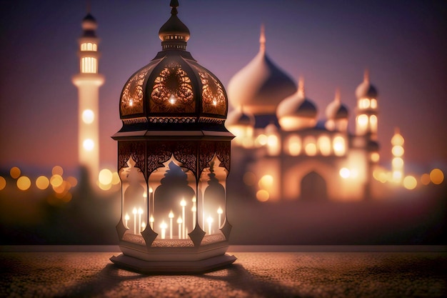 a lantern with a lit up building in the background with a lit up mosque in the background