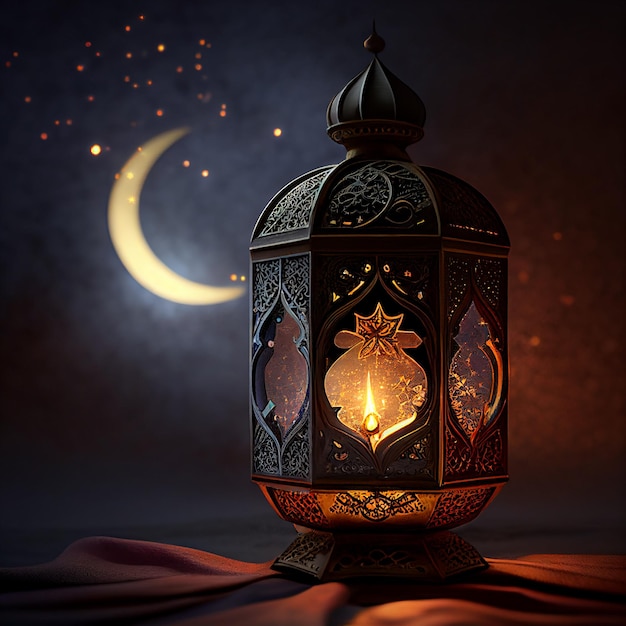 A lantern with the moon in the background and the word ramadan on it.