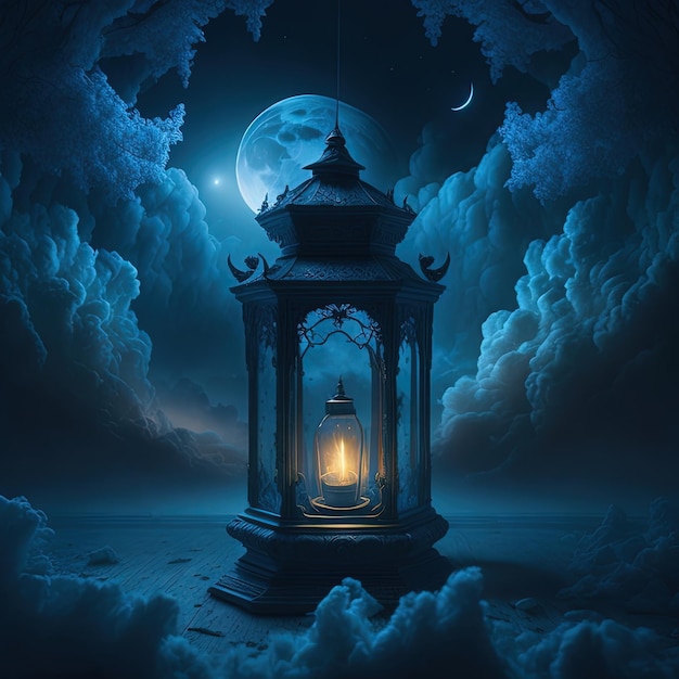 A lantern with the moon in the background