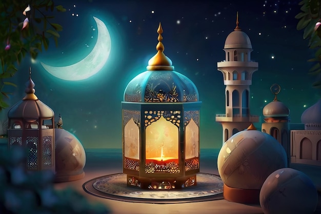 a lantern with a moon and a mosque in the background