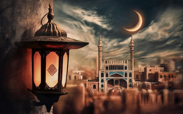 a lantern with a moon and a mosque in the background