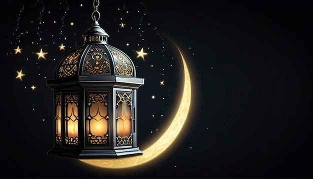 a lantern with a moon and stars in the background