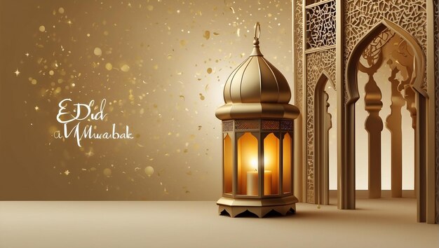 Photo a lantern with a mosque on a gold background with a mosque in the background