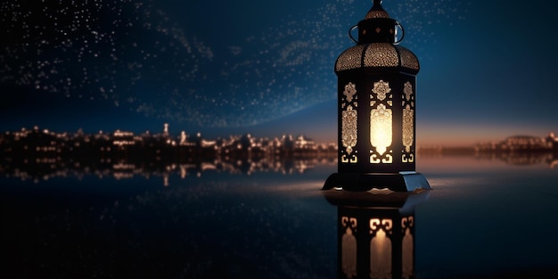 Lantern with night light background for the muslim feast of the holy month of ramadan kareem