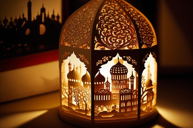 A lantern with a papercut mosque inside digital art illustration