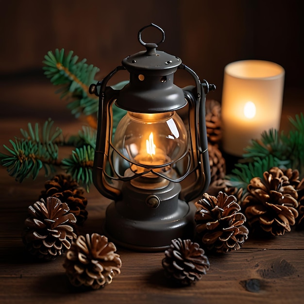 Photo a lantern with pine cones and a candle on a wooden table