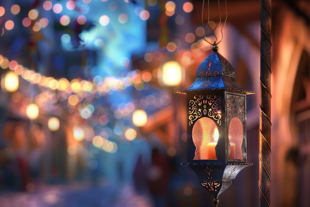 Photo a lantern with pine cones and a lantern with a lantern in the background