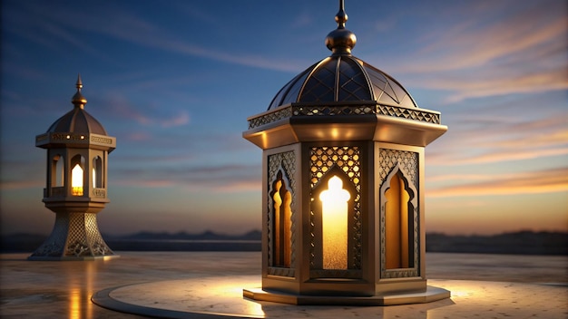 a lantern with a sunset in the background