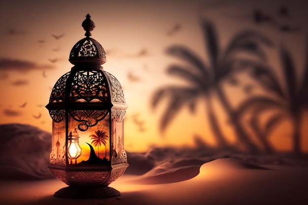 A lantern with a sunset in the background