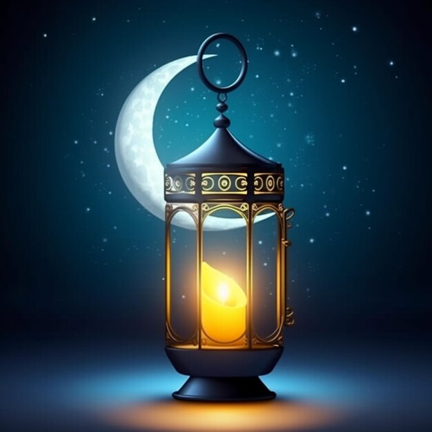 A lantern with a yellow candle is lit up with a crescent moon in the background