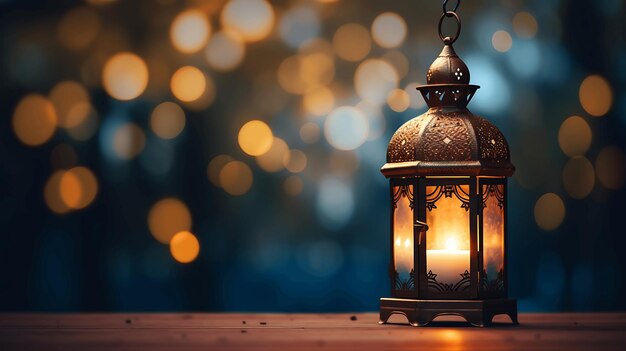 Lantern on wooden background with bokeh defocused lights