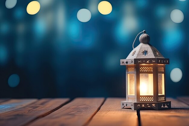 A lantern on a wooden table with lights in the background