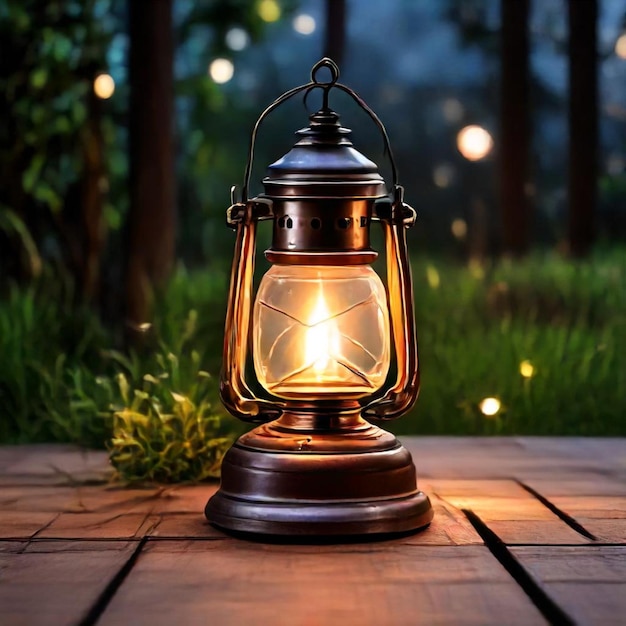 a lantern on a wooden table with the sun shining through the trees