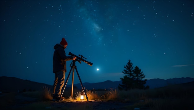 Photo lanternlit astronomer in a remote starry countryside