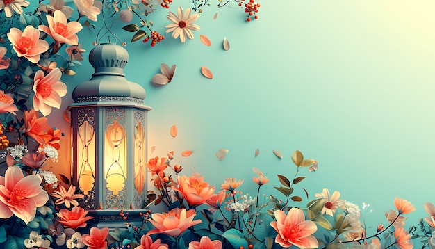 Lanterns on the background of a blooming tree Islamic background eid banner