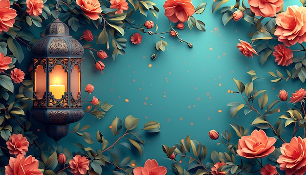 Lanterns on the background of a blooming tree Islamic background eid banner