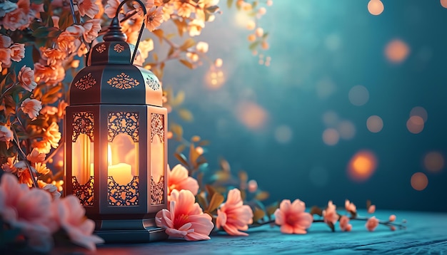 Lanterns on the background of a blooming tree Islamic background eid banner