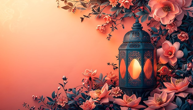 Lanterns on the background of a blooming tree Islamic background eid banner