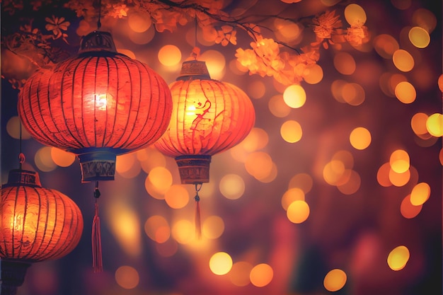 Lanterns celebrating Chinese New Year are illuminated against a bokeh red light background