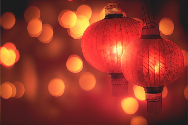 Lanterns celebrating Chinese New Year are illuminated against a bokeh red light background