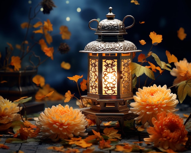 Lanterns and Chrysanthemum for Mid Autumn Festival Background