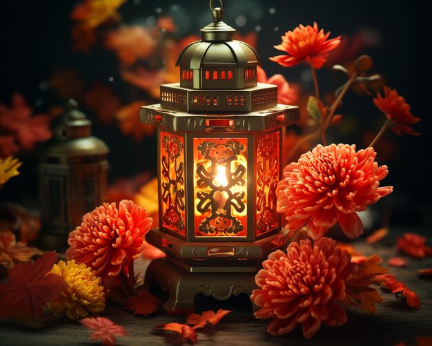 Lanterns and Chrysanthemum for Mid Autumn Festival Background