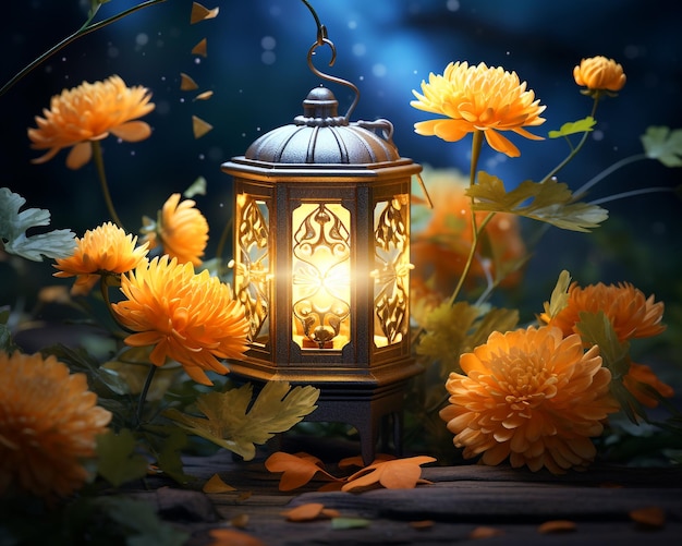 Lanterns and Chrysanthemum for Mid Autumn Festival Background