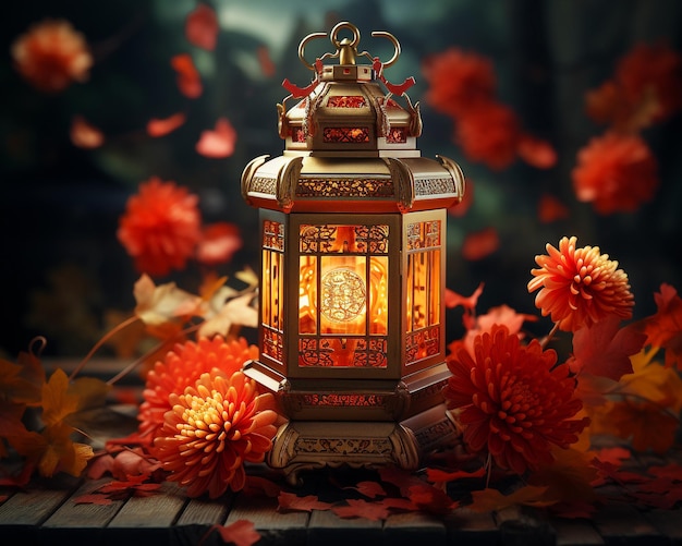 Lanterns and Chrysanthemum for Mid Autumn Festival Background