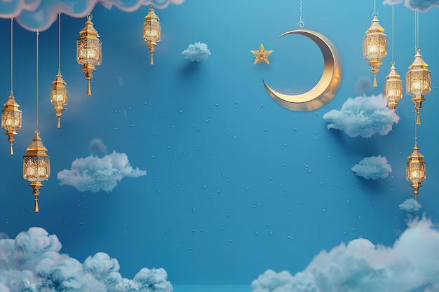 Lanterns and crescent moon adorn a serene blue sky symbolizing Islamic celebrations