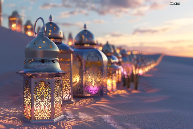 Lanterns in the desert Ramadan Kareem background Vector illustration