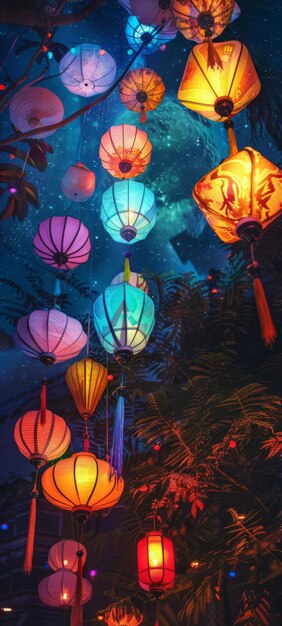 Lanterns glowing in the night sky casting colorful shadows