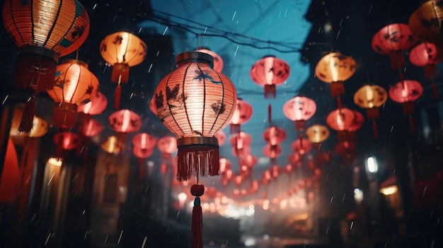 Lanterns Hanging in the Air A Colorful Display of Illuminated Floating LightsHappy New Year