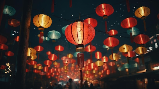 Lanterns Hanging in the Air A Colorful Display of Illuminated Floating LightsHappy New Year