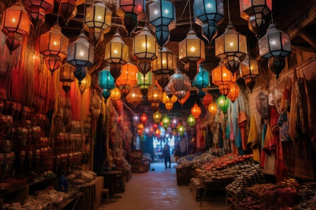 Lanterns hanging in a moroccan market created with generative ai